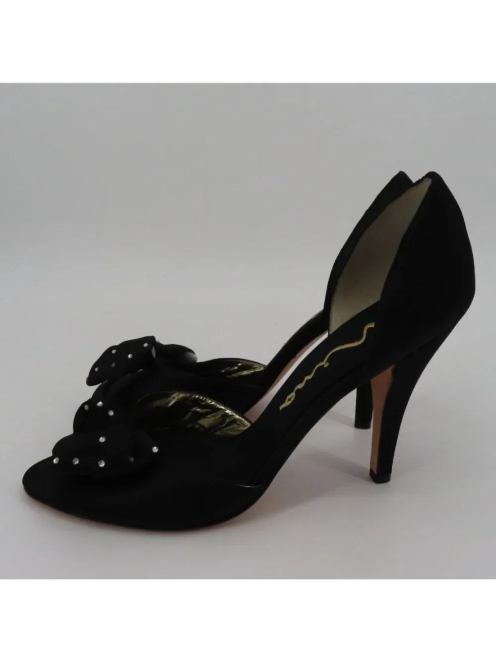 Nina Women 9.5 M Black Satin Fabric Bow Rhinestone Peep Toe Dorsay Heels Shoes